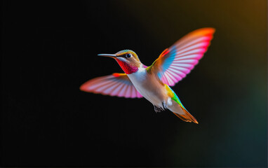 Fototapeta premium Small, colorful and iridescent hummingbird bird with different colors of feathers on a black background.