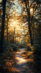 Fototapeta premium Sunbeams illuminate a path through a dense forest, with golden leaves on the ground and tall trees casting long shadows.