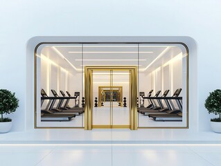 Highend boutique fitness gym facade with gold accents, glass doors, and luxurious finishes, Fitness Gym, Boutique Luxury
