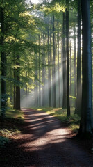 Obraz premium Sunbeams illuminate a path through a misty forest.