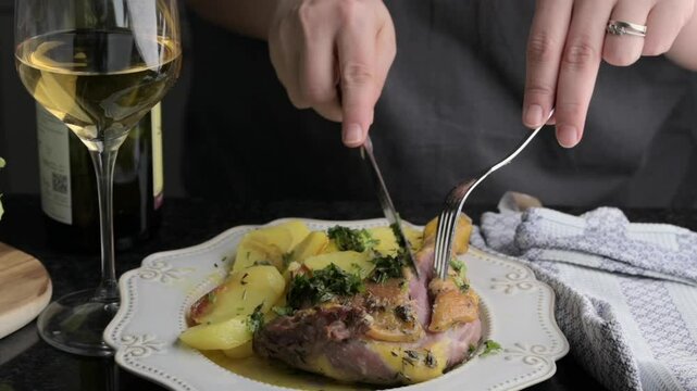 Roasted Duck Leg with Herbs and White Wine Gourmet Dining Experience. Succulent roasted duck leg seasoned with fresh herbs and paired with potatoes, served alongside a glass of white wine. 