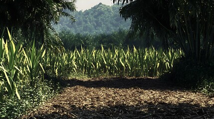 Sugarcane farm with lush green stalks, showing the dense growth and fertile soil