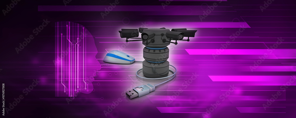 Poster 3d rendering surveillance cctv security camera connected database near mouse
