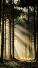 Obraz premium Sunlight beams through the trees in a misty forest. (1)