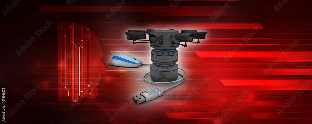 Poster 3d rendering surveillance cctv security camera connected database near mouse