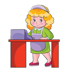 blonde woman in apron and cap stands behind cash register