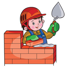 boy in helmet and safety clothes lays bricks on wall with trowel and cement