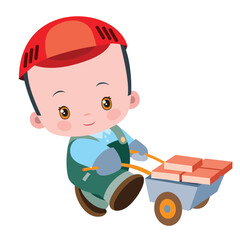 handyman boy pushing a full cart with bricks