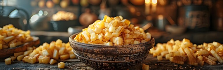 A bowl of potato chips is on a wooden table