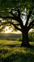 A large oak tree stands tall in a field, its branches reaching out towards the setting sun.  The sun shines through the leaves, creating a warm glow.