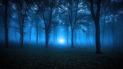 A foggy night forest scene with eerie lights shining through the trees, creating a haunting atmosphere