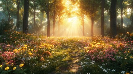 Obraz premium Discover the magic of wildflowers in a sunlit forest garden on a soft morning