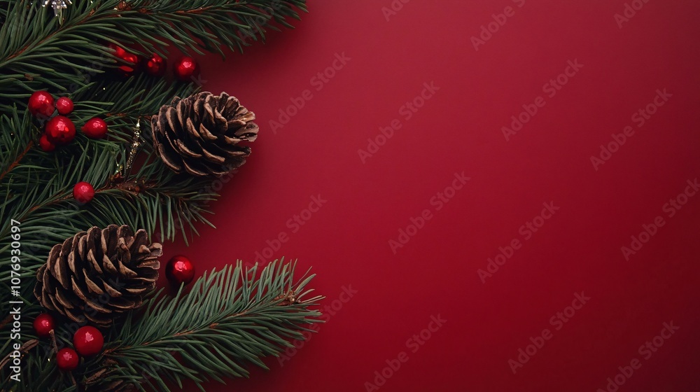 Poster Christmas background with pine cones and red berries creating festive atmosphere