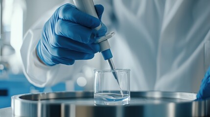 Fototapeta premium A scientist in a lab uses a pipette to transfer liquid into a glass container, wearing blue gloves and a white lab coat.