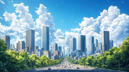 Fototapeta premium Tall skyscrapers rise majestically against a backdrop of fluffy clouds, embodying urban vibrancy and life