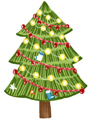 Pine tree.Merry Christmas. cartoon character illustration isolated on white background. Hand drawn pastel, crayon, oil pastel and chalk painting.