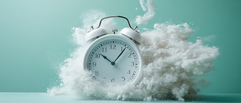 White alarm clock exploding with cotton against a mint green background.