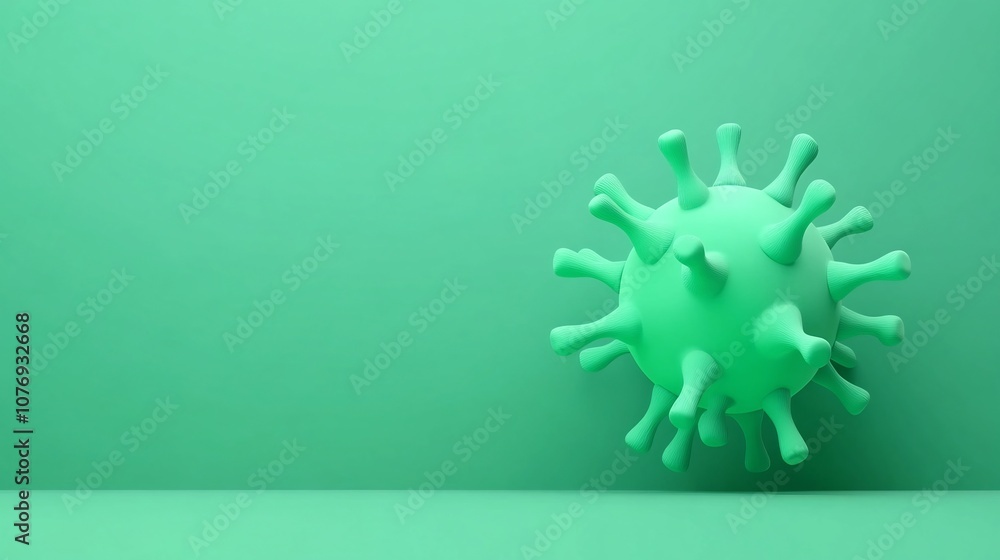 Poster minimalist virus icon with empty green background and copy space for design