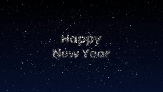 Animation of Happy New Year text sparkling with festive fireworks against a starry night sky background