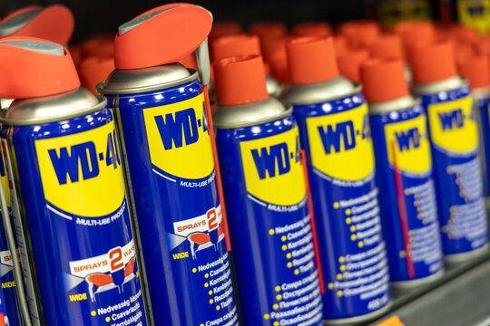 VARNA, BULGARIA - OCTOBER 24, 2024: WD-40 on supermarket shelf. Multi use product protects metal from rust and corrosion