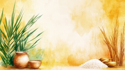A watercolor illustration featuring clay pots, rice, and plants against a warm background. Tamil Thai Pongal Day