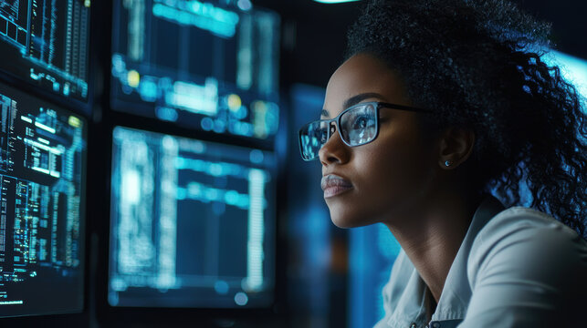 AI cyber security female african american IT specialist - Powered by Adobe