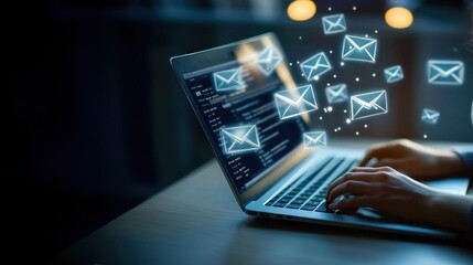 Fototapeta premium Person typing on laptop with various envelopes and email icons on screen, digital communication, email automation for drip campaigns