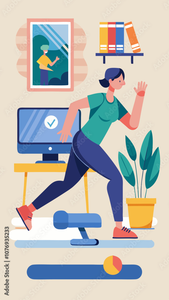 Poster a woman is running on a mat in front of a computer