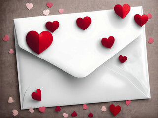 White envelope with red hearts. Background for Valentine's day. Top view. Close-up.