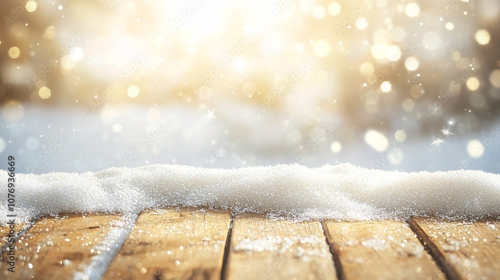 Poster snow falling on wooden table with golden bokeh lights creating magical christmas atmosphere