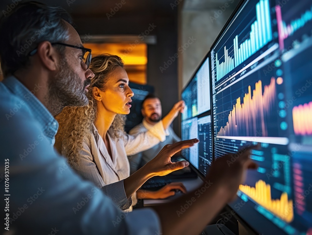 Poster people in a busy stock market office looking at multiple computer screens with financial graphs and 