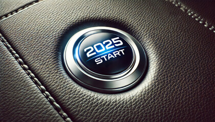 direct view car start button with 2025 on leather surface