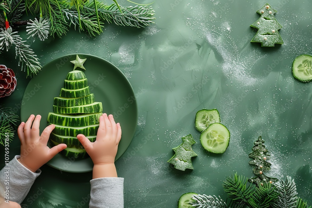 Poster a shot of a cucumber christmas tree in a plate with a child's hand gripping it is shown from above a