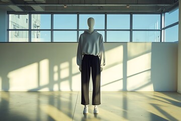 Fototapeta premium A mannequin dressed in casual attire stands in a sunlit, minimalist space with shadows.