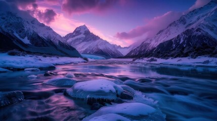 Obraz premium Frozen Majesty: A breathtaking panorama of snow-capped peaks and a glistening river, bathed in the otherworldly hues of a magical sunset. The icy landscape, sculpted by time and nature.