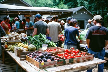 A cinematic film photograph of a bustling farmer's market