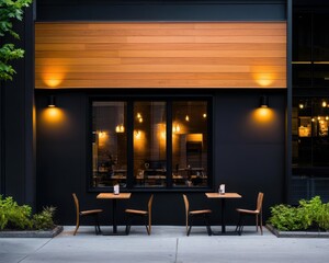 Fototapeta premium Inviting modern restaurant glows at dusk Trendy urban eatery with warm interior lights and outdoor seating captivates passersby