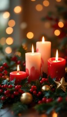 Lit Christmas candles in holiday wreath for a cozy atmosphere.