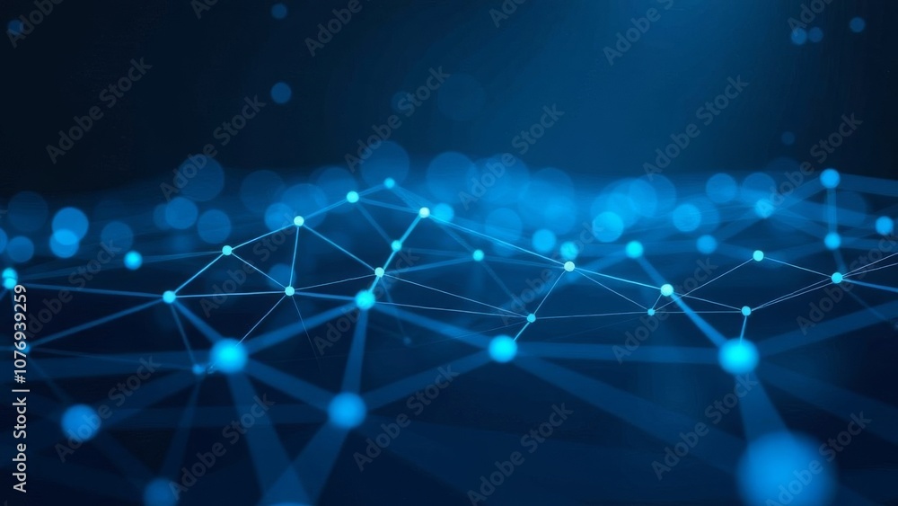 Poster futuristic blue network with glowing nodes and interconnected lines in abstract digital space