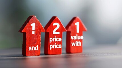 Three red house shaped price tags displaying numeric labels  price   value  and  1  to convey cost worth and choice concepts in the real estate market or commercial financial transaction