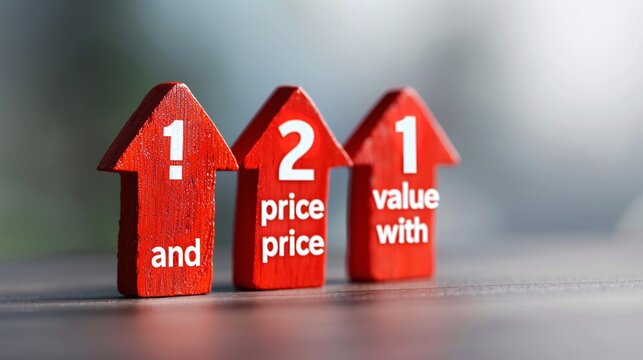 Three red house shaped price tags displaying numeric labels  price   value  and  1  to convey cost worth and choice concepts in the real estate market or commercial financial transaction