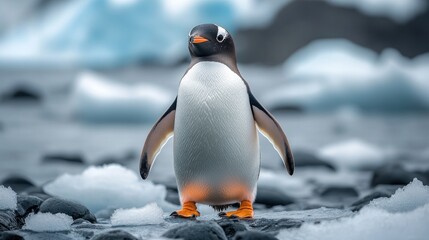 Fototapeta premium A curious penguin stands on a rocky shore with icebergs in the background.