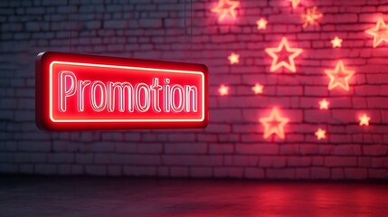 Fototapeta premium Festive Neon Promotion Sign with Sparkling Stars in Christmas Background