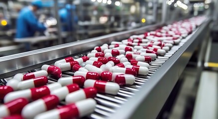 Fototapeta premium Red and white capsule pills on a conveyor belt in a medical production plant. 