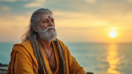 Fototapeta premium Peaceful Indian Sadhu Meditating by the Seashore at Sunset, Embracing Spirituality and Inner Harmony with Nature's Beauty Surrounding Him