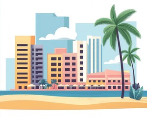 The beach in Miami with buildings, hotels, a road, and palm trees Tropical cityscape with a motel, restaurant, and modern skyscrapers in the summer