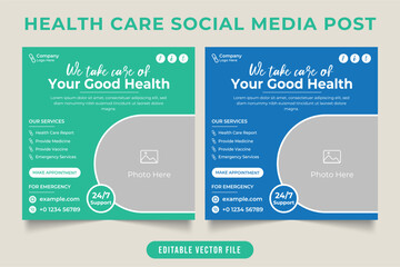 Medical advertisement social media post vector with blue and aqua colors. Healthcare service promotional web banner for hospitals. Clinic marketing template with photo placeholders.