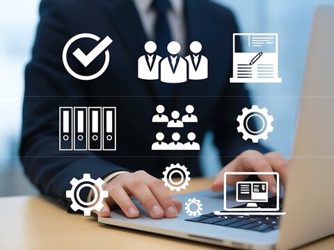 Businessman Using Laptop with Digital Icons Representing Business Processes - Powered by Adobe