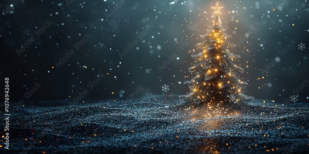 Aufkleber an up-close view of a geometric christmas tree complete with snowflakes and sparkling lighting on a 