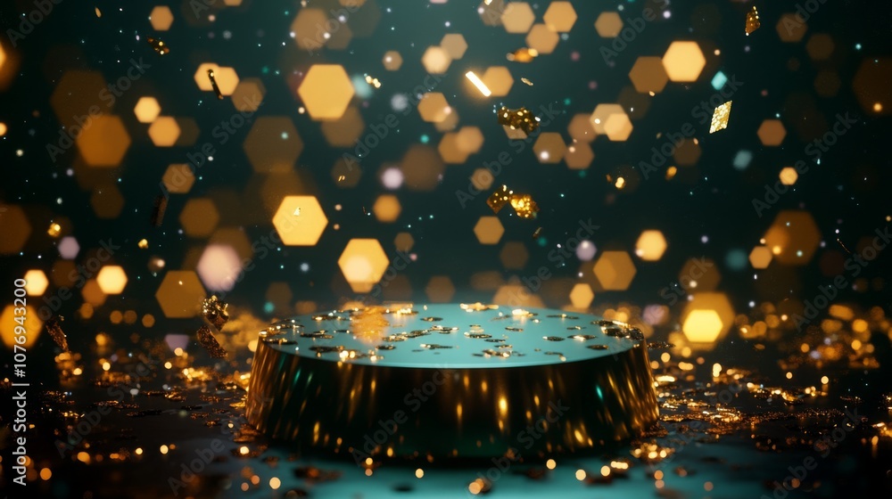 Aufkleber golden hexagonal confetti floats gracefully through the air, landing on a circular platform bathed i